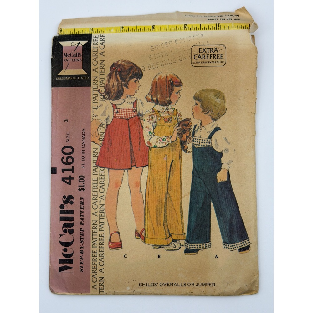 Vintage 1974 McCalls 4160 Childs Overalls or Jumper Sewing Pattern Size 3 Retro